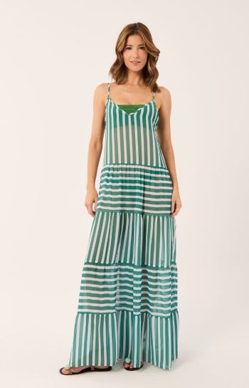 VESTIDO AYLA LONGO LISTRA VERDE E AZUL