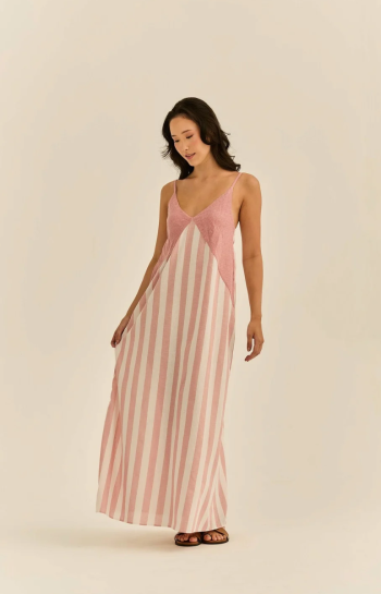 VESTIDO BELLA MIX LISTRA XADREZ GOIABA
